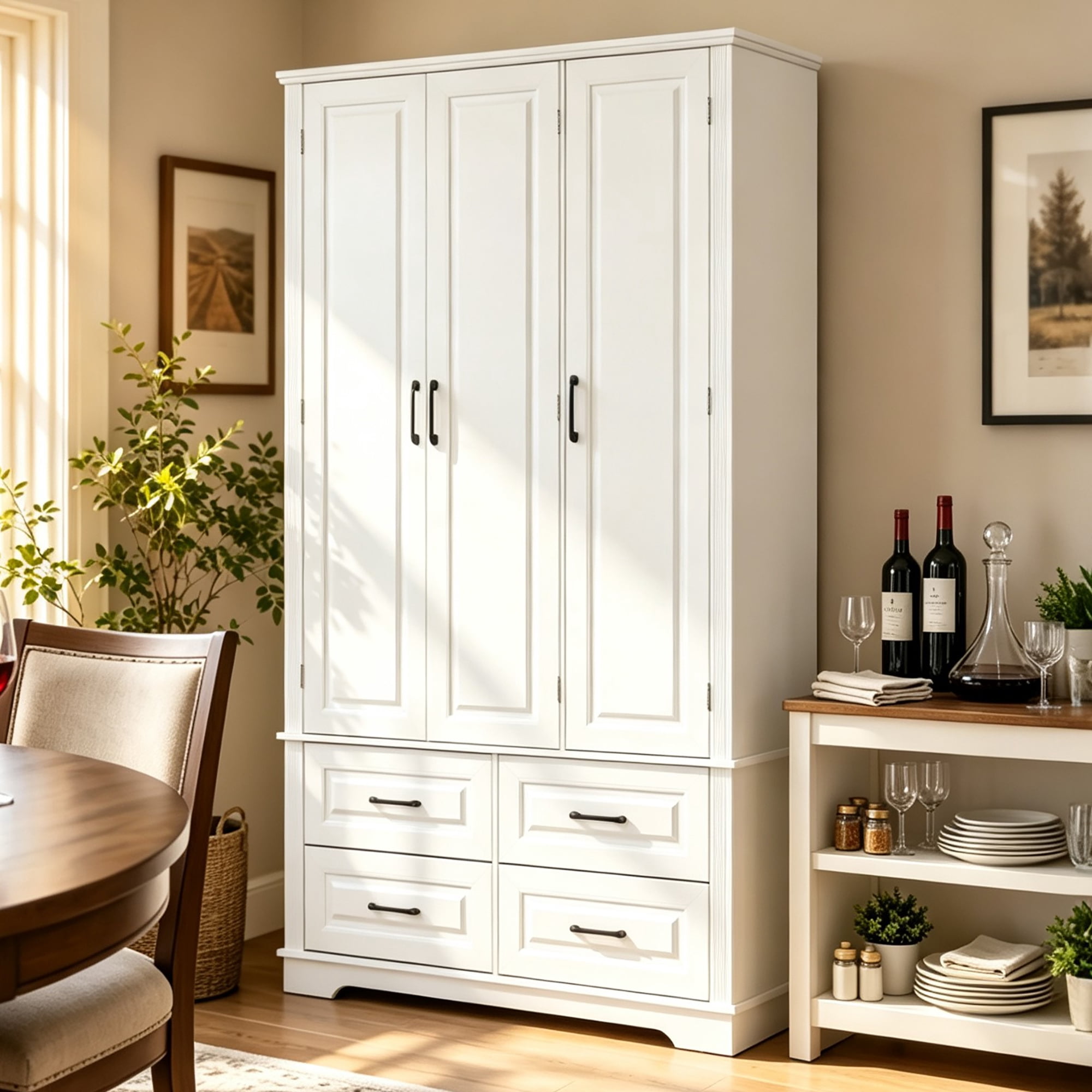 GARITIN 72 Inch Kitchen Pantry Cabinet with 3 Pull Out Trays, Farmhouse Embossed Wood Grain Storage Cabinet with 5 Door Racks, Freestanding Cupboard for Kitchen Dining Room, White