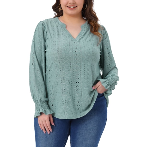 Blusas de túnica casual de manga larga con volantes y escote en V con ojales para mujeres de tallas grandes Agnes Orinda 1X verde frijol