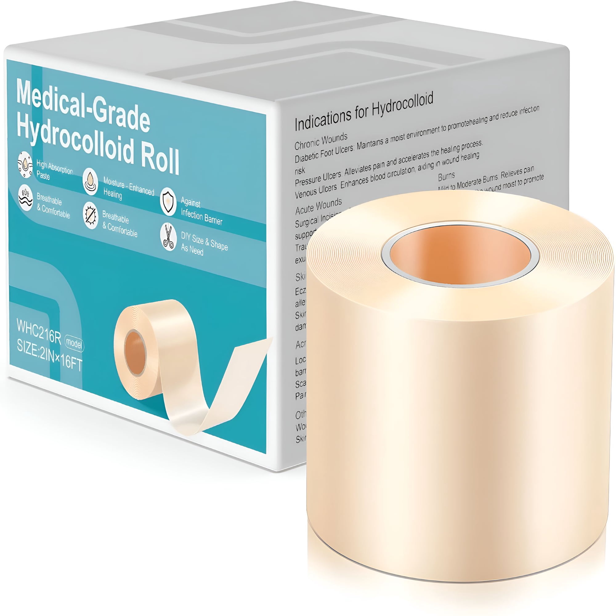 Greenvica Advanced Fast Healing Hydrocolloid Gel Bandages,Hydrocolloid Dressing Roll for Wound Care Bedsore,Burn,Blister,Acne Care,Ultra Absorbent,Waterproof,Diy Size (2In*4.8Ft)