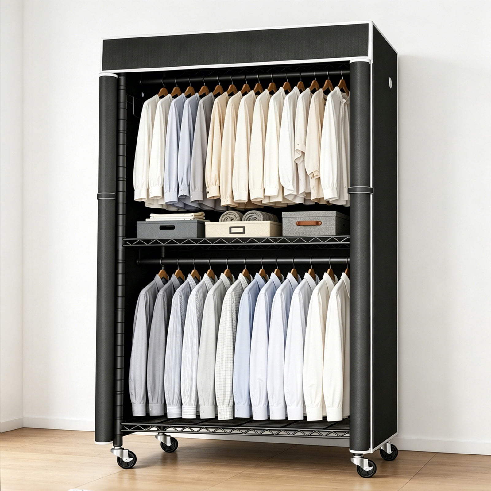 Freestanding Garment Rack with Dust Cover and Rolling Wheels, Metal Clothes Closet and Portable Wardrobe Organizer with Storage Shelf for Bedroom, Black