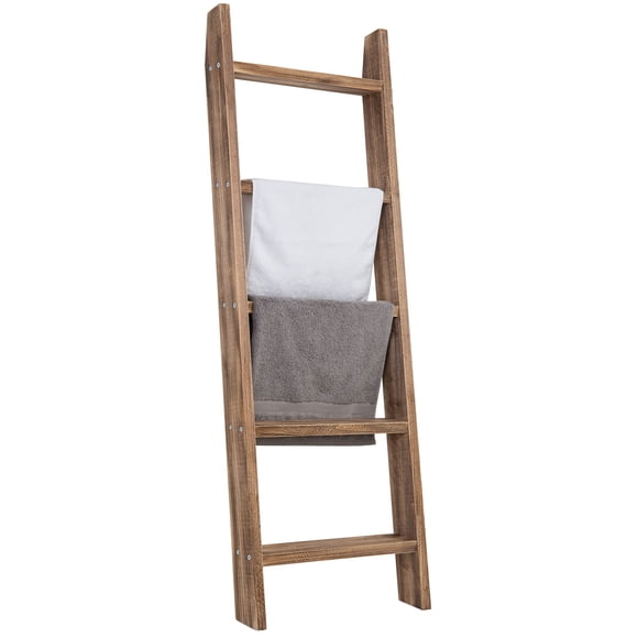 MyGift Couverture Murale Adossée en Bois Naturel Brûlé Rustique de 4 Pi avec Échelle et Étagère, 5 Échelons, Jeté Décoratif pour Salon et Courtepointe