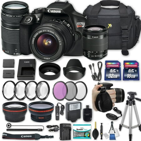 Canon EOS Rebel T6 DSLR Camera with EF-S 18-55mm f/3.5-5.6 IS II Lens + EF 75-300mm f/4-5.6 III + 2 Memory Cards + 2 Aux Lenses + 50" Tripod + Accessories Bundle (25 Items)
