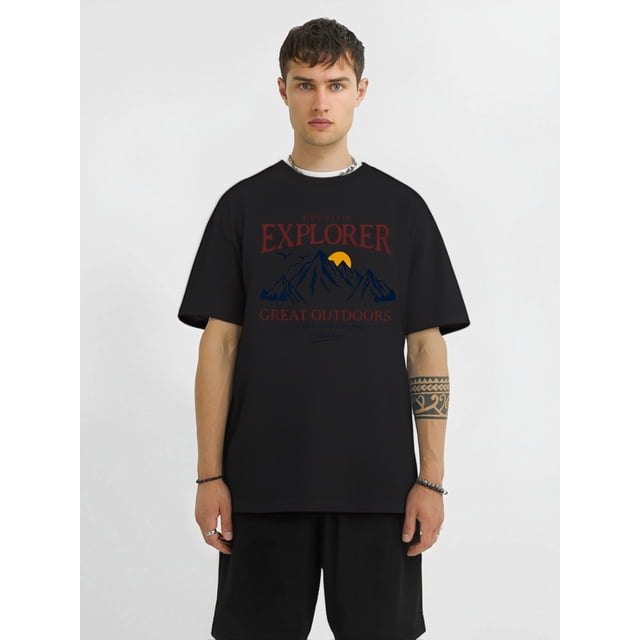 Camiseta informal de verano para hombre, cuello redondo, ligeramente elástica, corte regular, estampado Mountain Explorer, manga corta a la moda para deportes y tiempo libre.