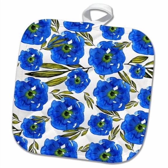 3dRose, Pretty Blue and Deep Green Watercolor Flowers Pattern, 8x8 Potholder