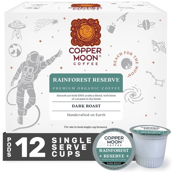 Copper Moon Single Serve Coffee Pods for Keurig K-Cup Brewers, Dark Roast, Rainforest Reserve Organic Blend, 12 Count