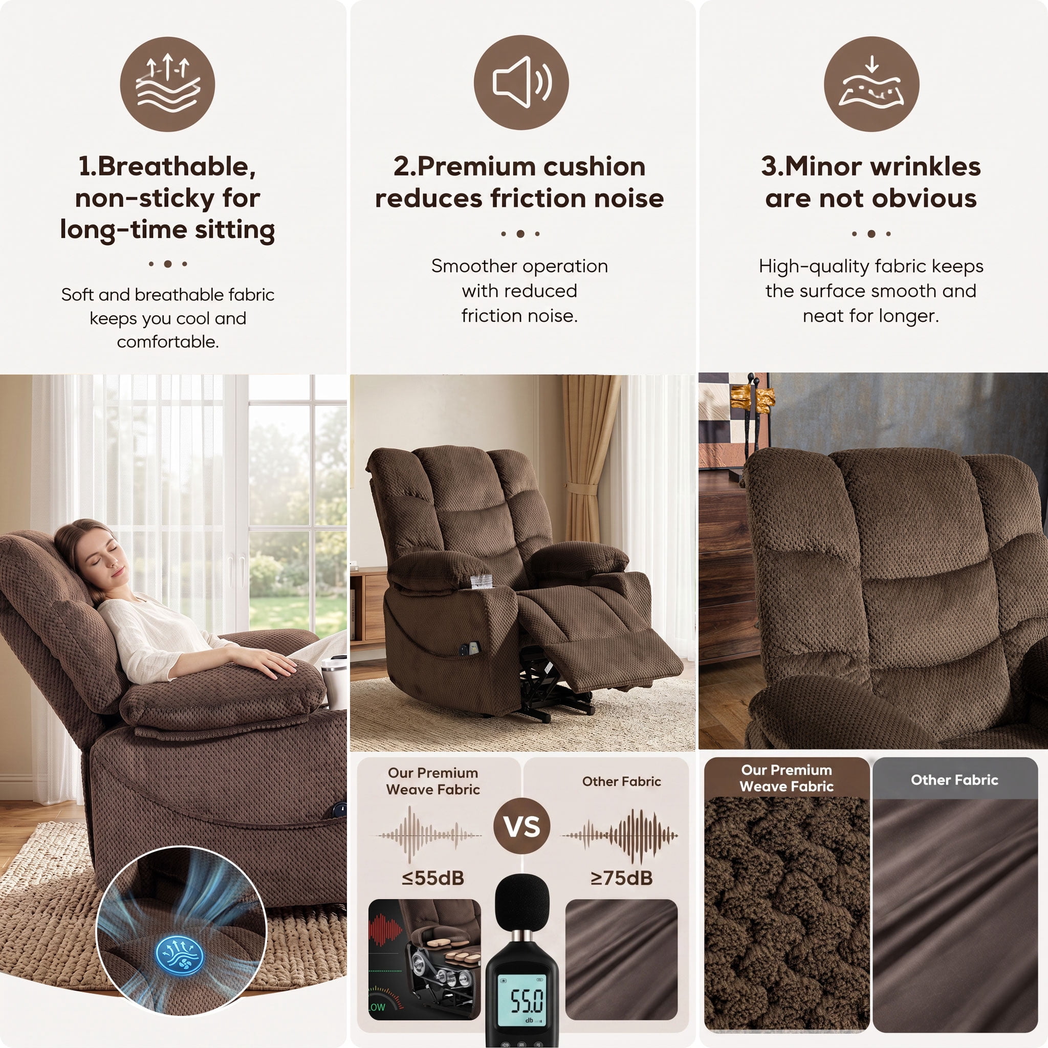 Anpport Ultra‑Wide Power Lift Recliner Chair, Velvet Rotating Electric Recliner with Massage Heating Function, Metal Cup Holder & Side Storage, for Living Room, Bedroom, Office, Brown