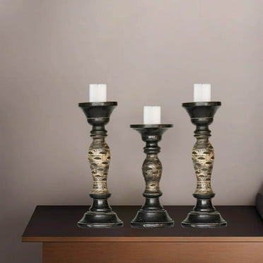 Handmade Traditional Dark Polish Eco-friendly Handmade Mango Wood Set Of Three 12",9" & 12" Pillar Candle Holder for use, Living Room, Dinning Room, Study Room, Restaurants, Place Of Worship, etc