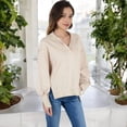 thumbnail image 3 of Women's Long Sleeve Pullover Hoodie with Button Neck and Raw Hem Detail - X Large, Beige, 3 of 7