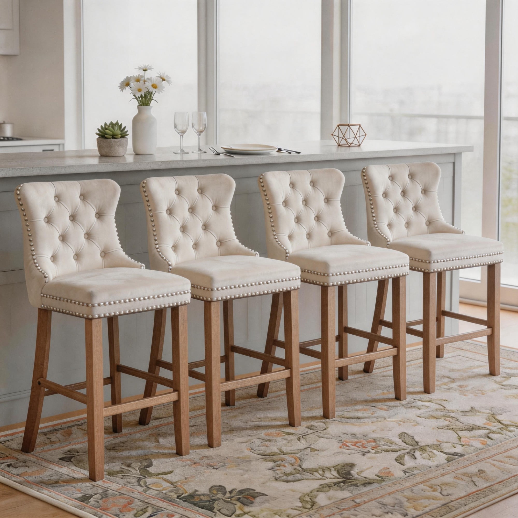 DONICK Velvet Counter Height Bar Stools Set of 4,Button Tufted Back Bar Chair Nailhead Back Pull Tab Wooden Leg(Beige)