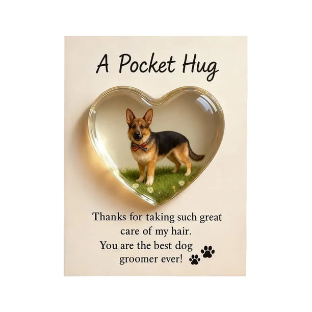 Abrazo de bolsillo para peluqueros caninos con tarjeta de felicitación de acrílico en forma de corazón. Abrazo de bolsillo para peluqueros de mascotas. Regalos de recuerdo de agradecimiento.