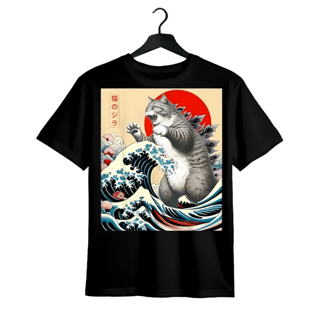 Short Sleeve Print Catzilla Cat Japanese Art Funny Cat Gifts For Men Women Kid T-Shirt