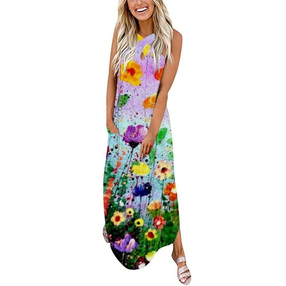 IROINNID Women's Sundress Summer Dress Gradual Sleeveless Hanging Neck V-Neck Long Dress Prints Drop Waist Dress
