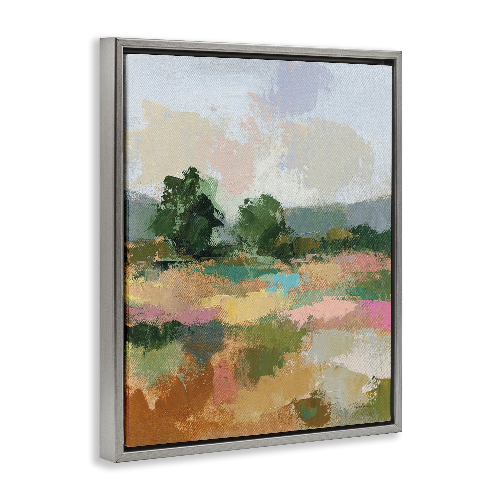 Stupell Industries Abstract Spring Landscape Landscape Painting Gray Floater Framed Art Print Wall Art, 25 x 31