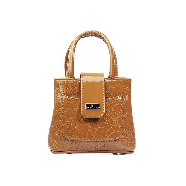 Bolso A ÁNGELOZANO Aurelia tipo Satchel Mostaza en Sintético Charol Grabado con Asa y Correa Desmontable
