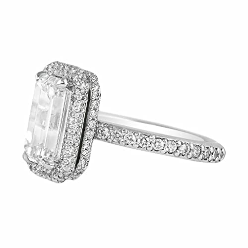 HeartsAndYou 5ct Emerald Cut Moissanite Hidden Dual Halo Engagement Ring for Women 18k White Gold over Silver