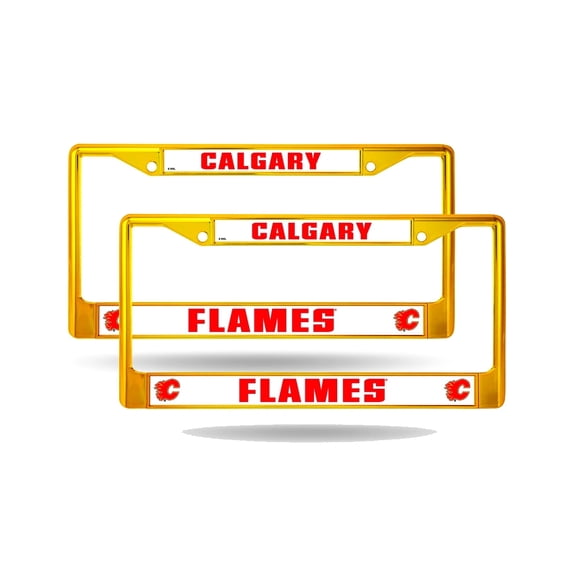 Calgary Hockey Flames Gold Yellow Painted Chrome Metal License Plate Frame - Set of 2 Frames