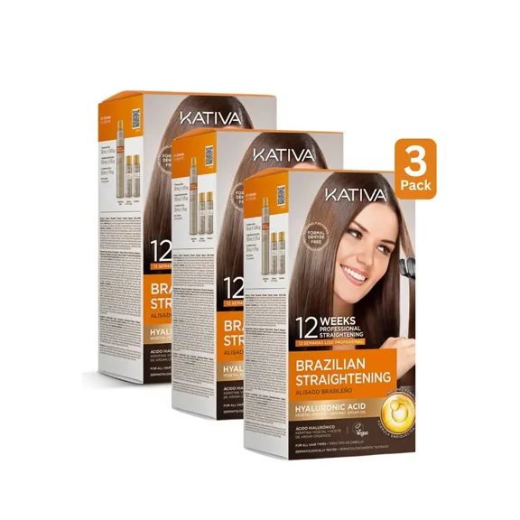 Kativa Brazilian Keratin Hair Straightening Kit, 3 Pack – 12-Week Salon-Quality Treatment with Argan Oil, Shea Butter & Keratin – Formaldehyde-Free, Frizz Control & Shine for All Hair Types