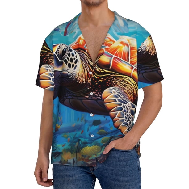 Fotbe Colorful Underwater Sea Turtle Camisa Estampada de Manga Corta para Hombre, Casual de Verano, Estilo Playero, Sin Arrugas-4X-Large