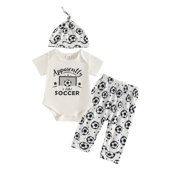 larppty Baby Boy Girl Soccer Outfit Apparently I Like Soccer Short Sleeve Bodysuit Printed Pants Hat Set 3pc Clothes (Black,0-3 Months)