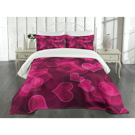 Hot Pink Bedspread, Heart Shapes on Blurry Background Romantic Valentine's Day Design, Decorative Quilted 3 Piece Coverlet Set with 2 Pillow Shams, Queen Size, Magenta Pink, by Ambesonne