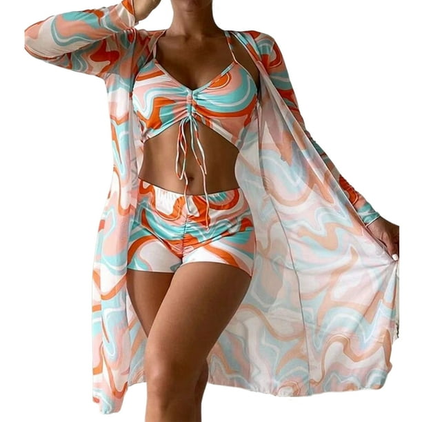 Traje de baño Conjunto de bikini para mujer Trajes de baño sexy de 3 piezas con cubierta de manga larga (Naranja XL) Ygjytge Naranja T XL para Mujer