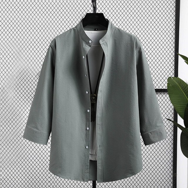 Blusa y camisa de manga corta con cuello alto para hombre, informal, de color liso, con botones y bolsillo, de poliéster.