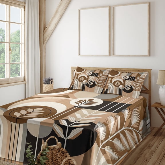 Ambesonne Monstera Fitted & Top Sheet Set with Shams, Boho Arrange Mid Century, Dark Cocoa Pale Brown