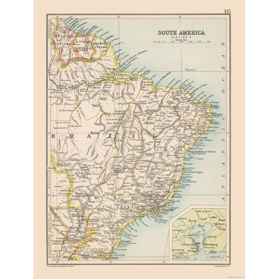 Historic Map - Brazil Southeast - Bartholomew 1892 - 30.26 x 23 - Vintage Wall Art