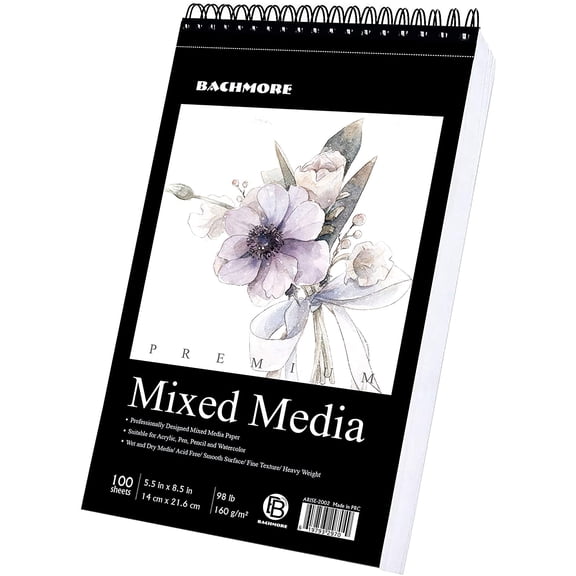 Drawing Pad 5.5‘’X8.5''(98lb/160g) 100 Sheets Mixed Media, Watercolor, Acrylic Art Pad for Sketching, Ink Sketchbook, Coloring in Multi-Media Top Spiral Notebook, Micro-Perforated