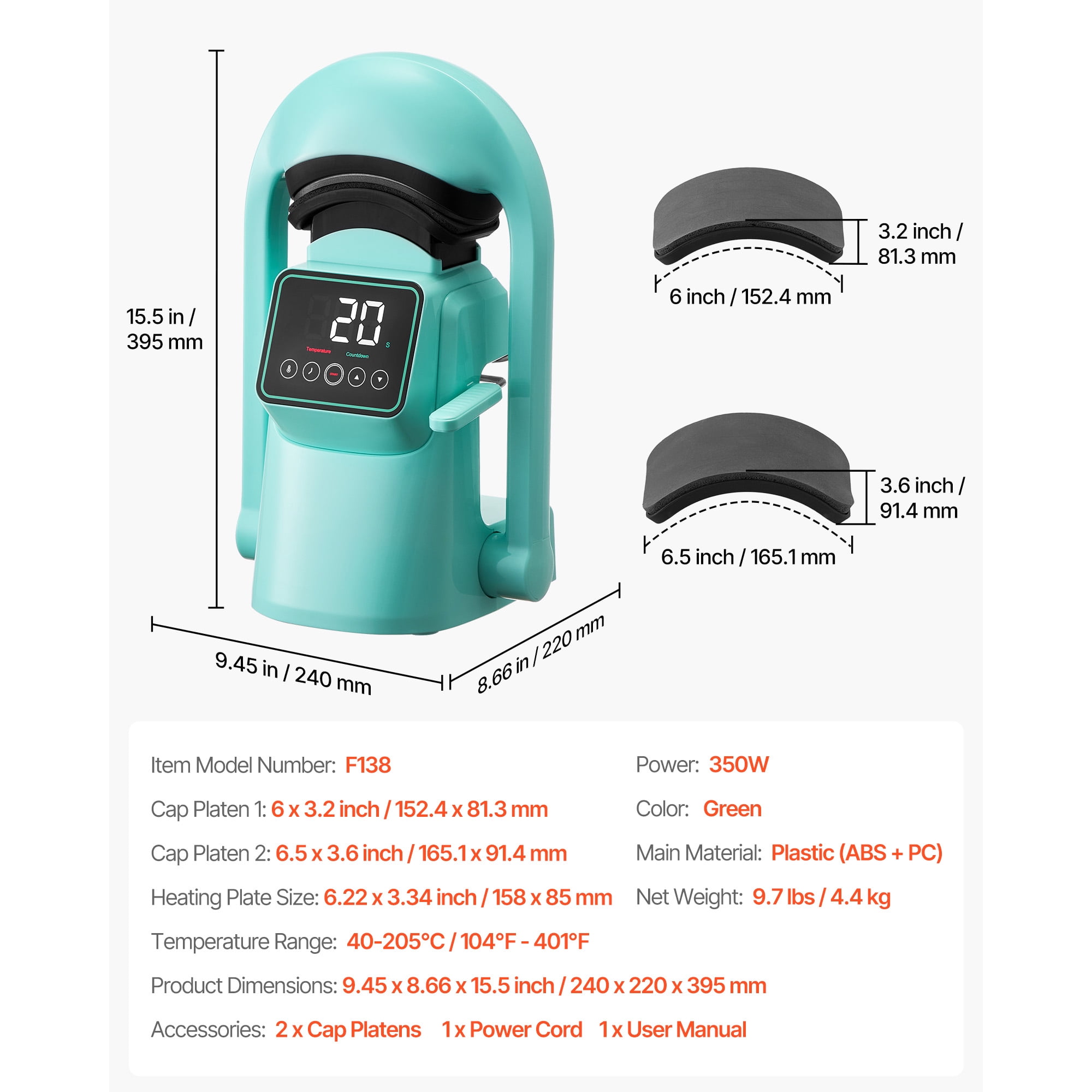 KFFKFF Automatic Hat Heat Press Machine with Dual Interchangeable Platens, Auto Open and Release, Touchscreen for Accurate Time and Temperature Settings, Heat Transfer Tool for Caps and Hats, Green