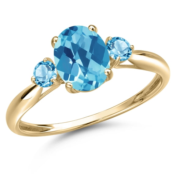 Gem Stone King 10K Yellow Gold Swiss Blue Topaz 3-Stone Ring for Women | 1.60 Cttw | Oval Checkerboard 8X6MM | Gemstone November Birthstone | Size 9