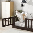 thumbnail image 3 of Twin Size Floor Bed with Safety Fence and Revolving Door, Modern Pine Wood Low Bed Frame with Plywood Slats, Multifunctional Leisure Daybed Frame with Armrest for Living Room, Bedroom, Espresso, 3 of 9