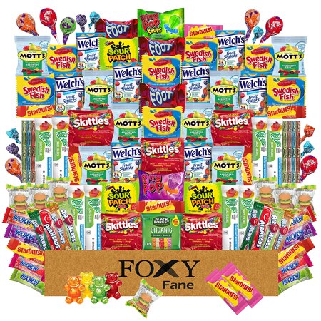 Foxy Fane 99 count Candy Gift Box - Ultimate Basket with Variety Assortment of Gummies & Candy - Licorice Sour & Fruit Flavored  Taffy  Lollipops & Suckers - Bulk Bundle of Delicious Treats (99 Packs)