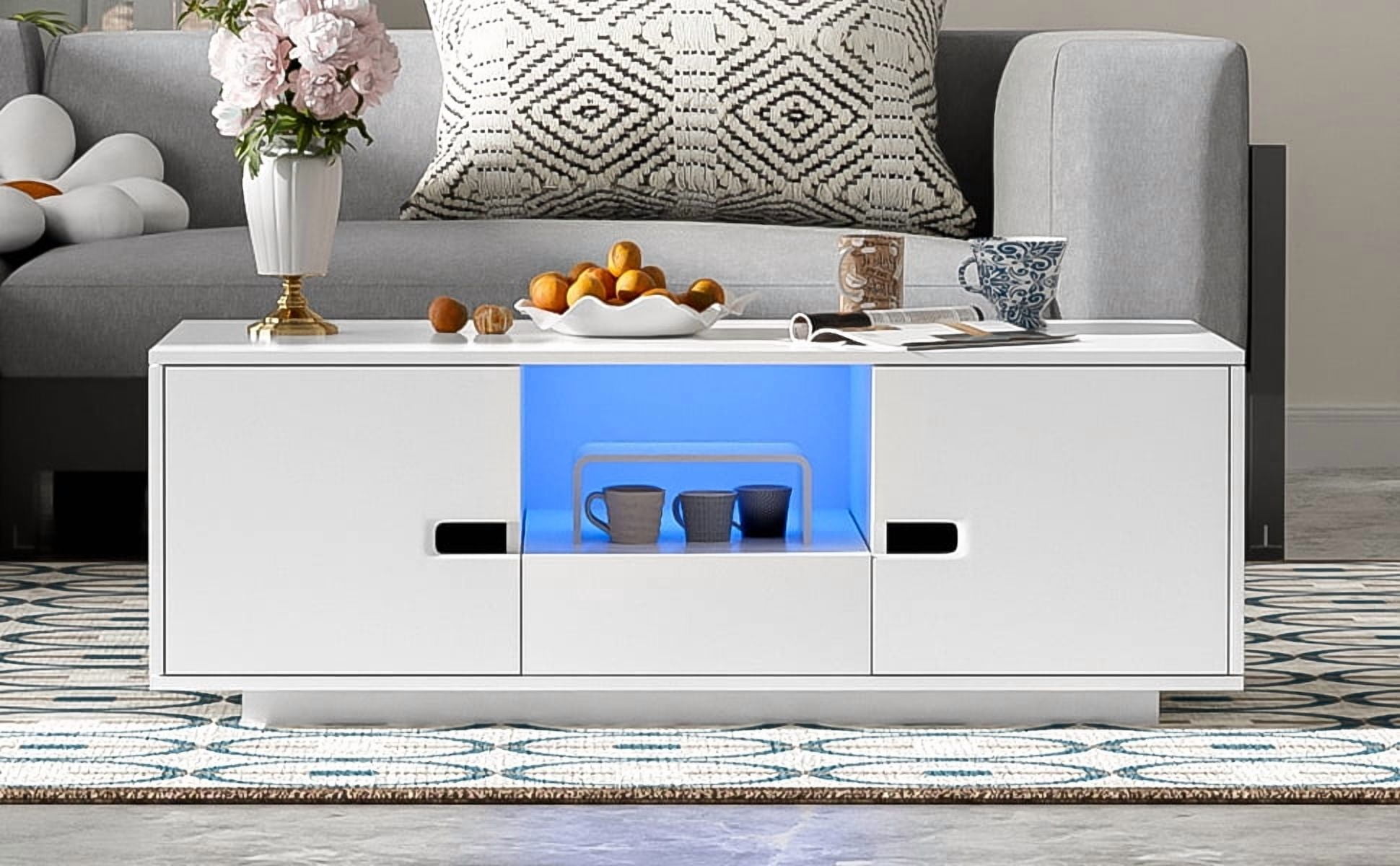 Euroco Modern High Gloss Coffee Table with LED Lights, 16 Colors & Remote Control, Storage Drawer and Cabinets, MDF Living Room Center Table with Shelves, 47.2''W x 23.6''D x 15.7''H