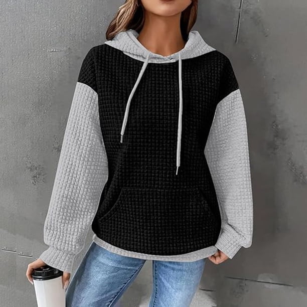 Ailaofu Women's Hooded Sweatshirt Waffle Long Sleeve Drawstring Knit Color Block Hoodies Pullover