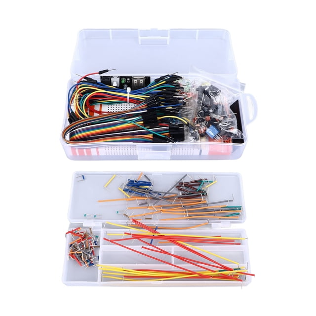 Kit de componentes electrónicos con cable puente para circuito de bricolaje con módulo de fuente de alimentación y placa de pruebas de 830 puntos de conexión