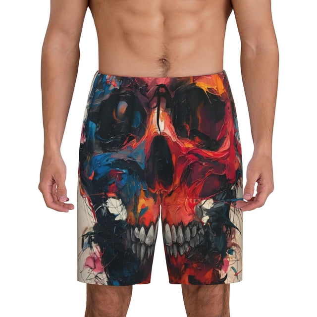Balery Abstract Colorful Skull Art Pantalones cortos de pijama de punto de algodón para hombre con cinturilla y bolsillos-Medium
