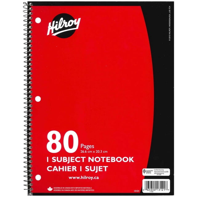 Hilroy® Coil Notebooks 3 Hole with Margin 1 Subject, 10-½ X 8, 80 Page, Red, 1 Subject Notebook