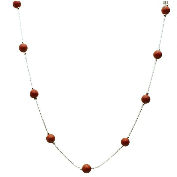 Sterling Silver 6mm Sponge Coral Stone Beads Station Italian Chain Necklace 16" 2" Extender