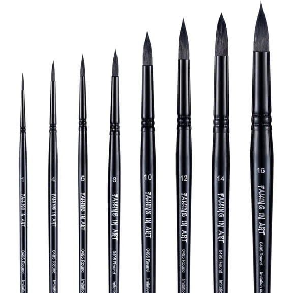 8 Pcs Professional Watercolor Brush Set – Round Pointed Squirrel Hair Paint Brushes with Wooden Handles for Artists, Black