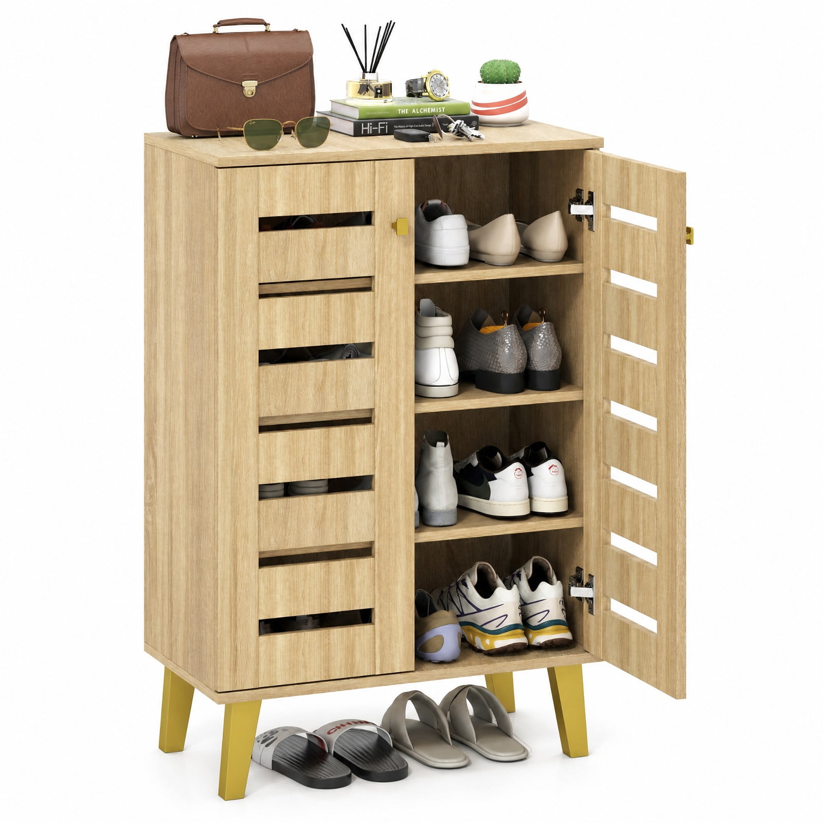 Furnibear 4 Tier Freestanding Wooden Shoe Cabinet with Louvered Doors and Removable Shelves for Entryway Hallway and Bedroom, Oak