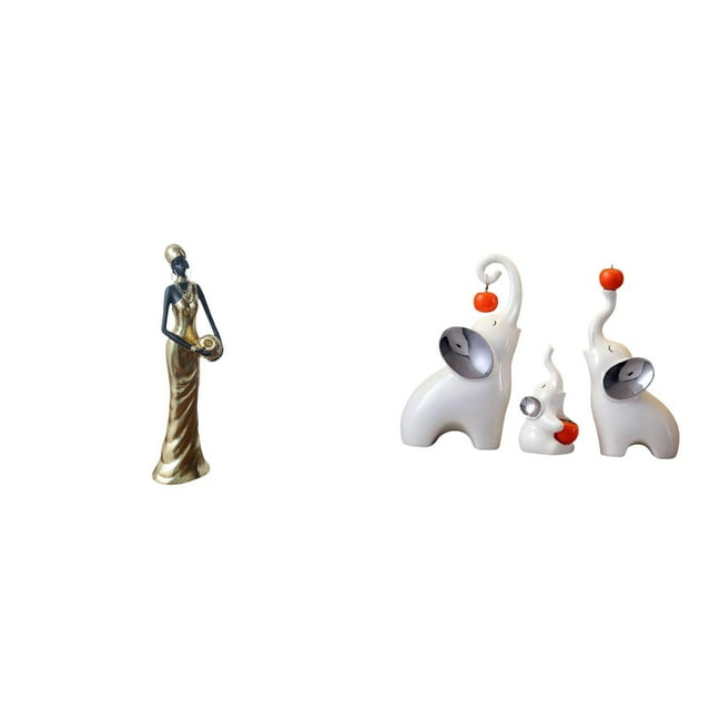 Conjunto De Figuras Decorativas Ligeras De Una Mujer Y Una Familia De Elefantes De Una Tribu Africana. Ideales Para Hoteles, Escritorios, Salas De Estar Y Dormitorios.