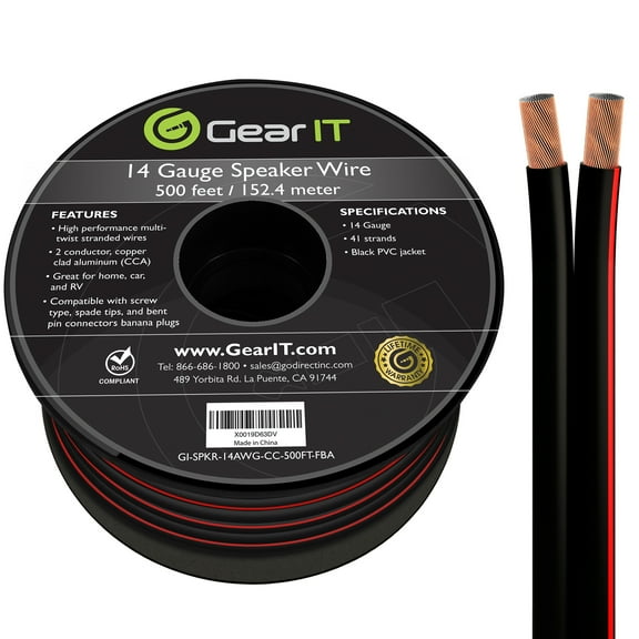 GearIT Pro Series 14 Gauge Speaker Wire Copper Clad Aluminum CCA Audio Cable, Black 500 ft