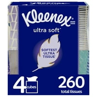 Kleenex Ultra Soft Facial Tissues, 4 Cube Boxes (260 Total Tissues)
