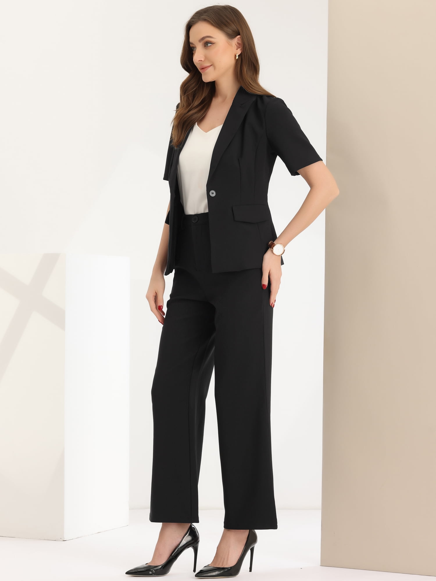 DARING DIVA Women's One Button Blazer 2 Pcs Outfits Jacket Suit Pants M Black