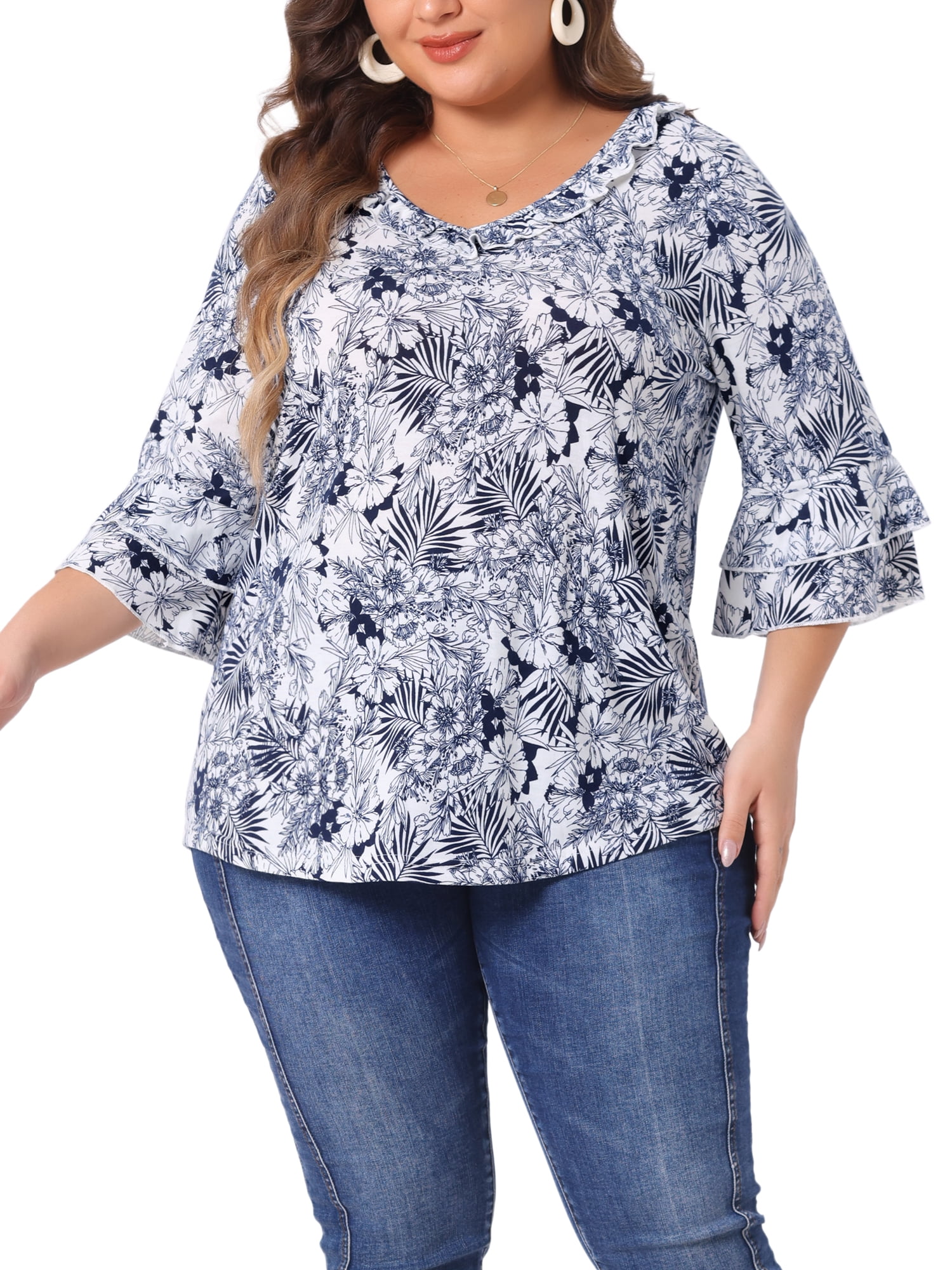 DARING DIVA Women's Plus Floral V Neck Tiered Ruffle Bell Sleeve Blouse 3X White Blue