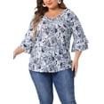 thumbnail image 2 of DARING DIVA Women's Plus Floral V Neck Tiered Ruffle Bell Sleeve Blouse 2X White Blue, 2 of 6