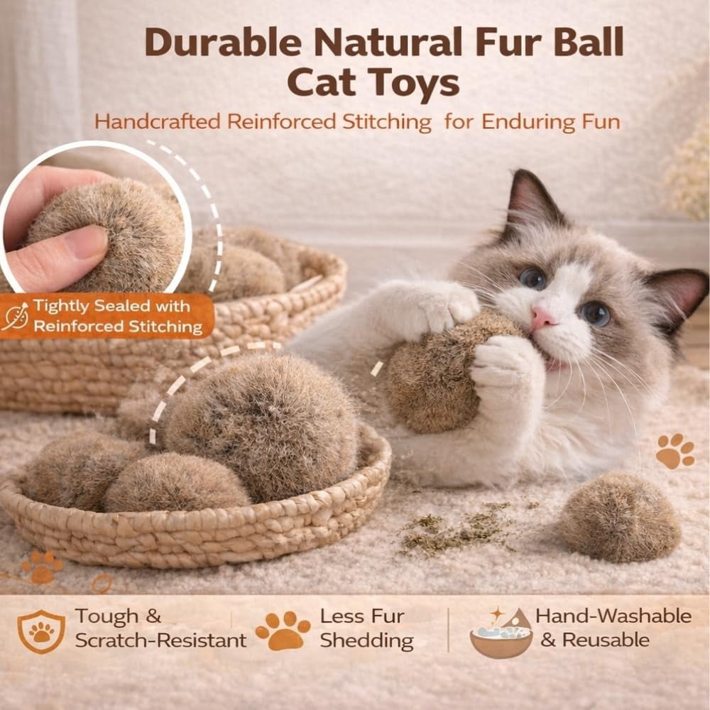 Cat Toy Balls, Ultra-Soft Fluffy Furry Pom Poms, Washable Quiet Kitten Toys for Chasing, Batting and Catching, Safe Interactive Pet Toys for All Cats
