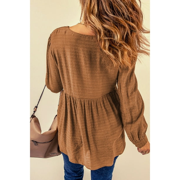 ABPHQTO Top tipo babydoll con cuello de pico y botones de croché de encaje marrón para mujer
