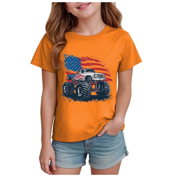 felwors Boys Girls 4th of July T-Shirt Kids American Tee Monster Trucks Tractor Independence Day Patriotic Tops Short Sleeve 2-14 Years (7-8 Years, Orange)